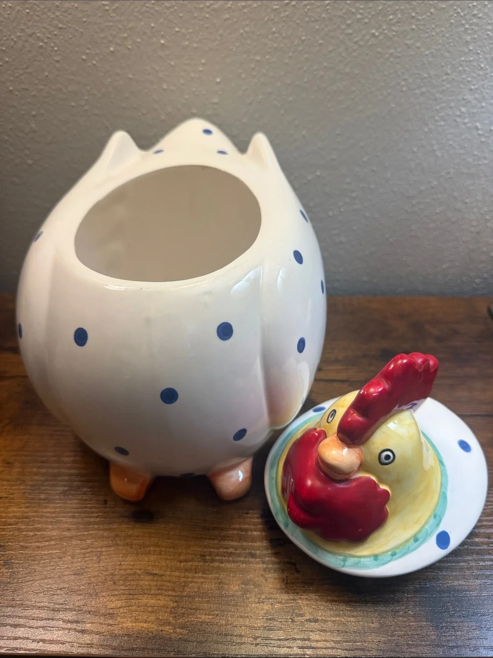 Coco Dowley Ceramic Chicken Cookie Jar Canister Blue Polka dots Kitchen Storage